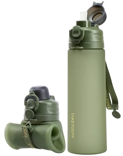 TakeToday 21oz Collapsible Silicone Travel Bottle with Straw