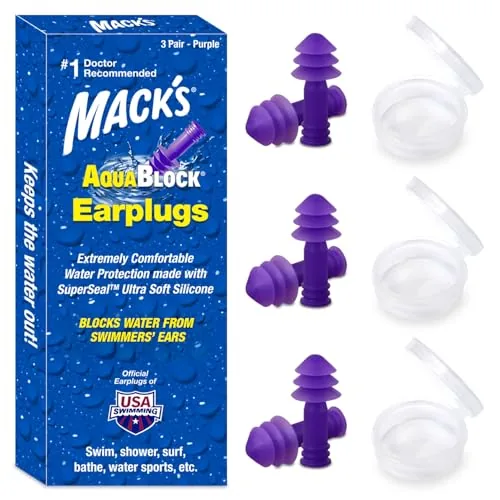 Mack's AquaBlock Reusable Silicone Swimming Earplugs 3 Pair