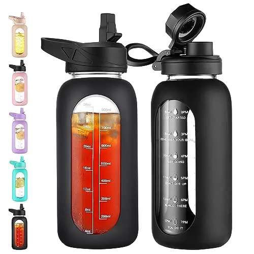 CIVAGO 32oz Glass Water Bottle with Straw and Dual Lids