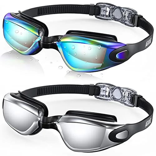Aegend 2-Pack Swim Goggles Clear and Mirrored with Cases