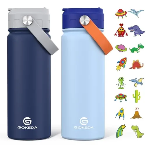 GoKEDA 18oz Kids Stainless Steel Straw Bottle 2-Pack