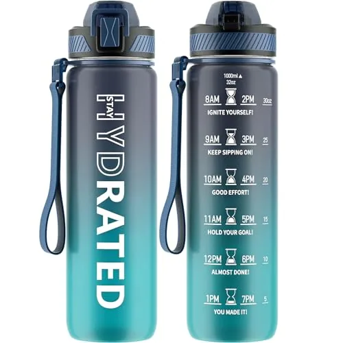 QLUR 32oz Motivational Water Bottle with Straw and Time Marker
